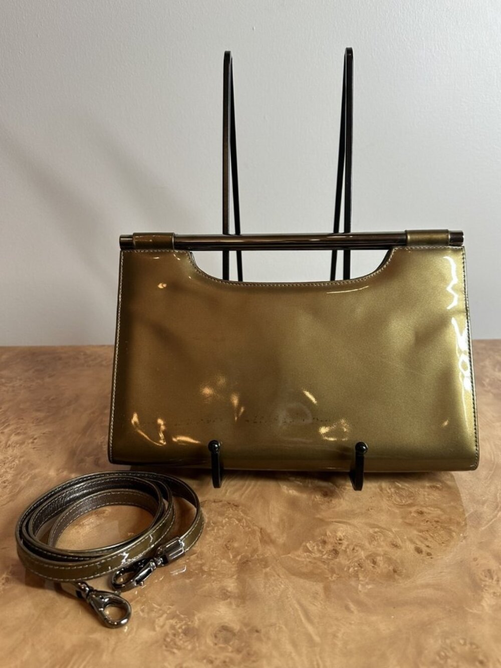Stuart Weitzman Vintage Bronze Patent Leather Frame Bag Crossbody Clutch